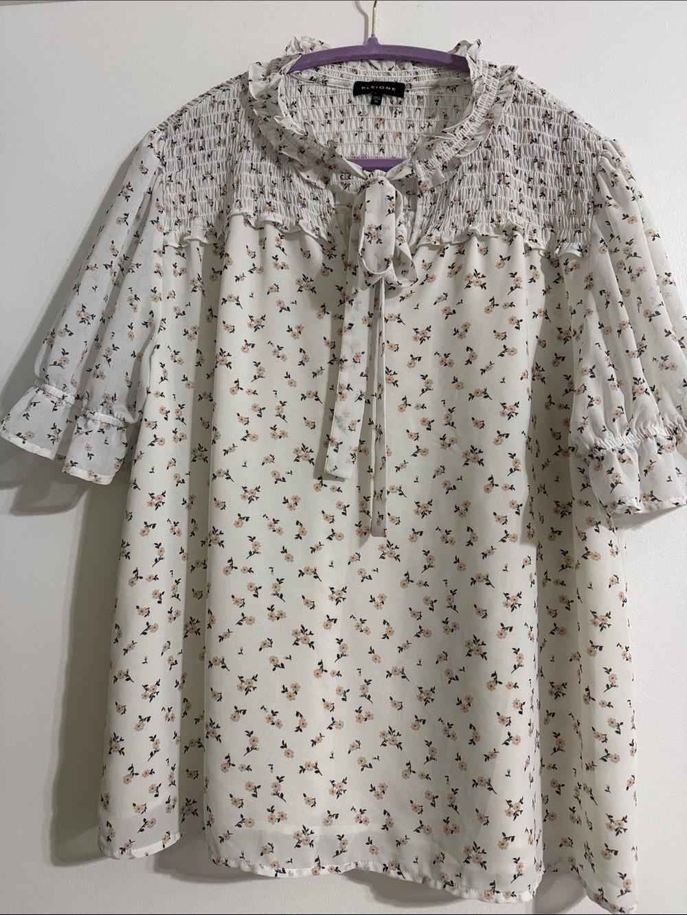Pleione Floral Tie-Neck Smocked Yoke Blouse - Cream with Yellow & Black Flowers